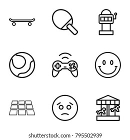 Fun icons. set of 9 editable outline fun icons such as sad emot, slot machine, carousel, volleyball, skating, ping pong racket, smiley, joystick