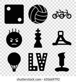 Fun icons set. set of 9 fun filled icons such as dice, vegas, angry emot, waterslide, chess king, volleyball, air balloon, joystick