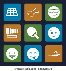 Fun icons set. set of 9 fun filled icons such as jump rope, wink emot, cool emot in sunglasses, xylophone, dinosaur, dance floor