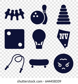 Fun icons set. set of 9 fun filled icons such as pyramid, dice, vegas, angry emoji, bowling, skate, air balloon, children