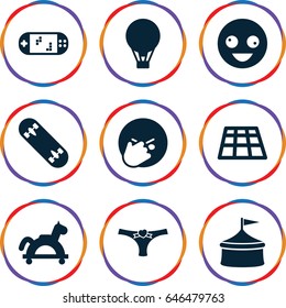 Fun icons set. set of 9 fun filled icons such as crazy emot, facepalm emot, panties with heart, skate board, air balloon, portable game console, dance floor, circus