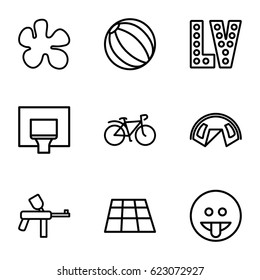 Fun icons set. set of 9 fun outline icons such as Vegas, bicycle, basketball basket, showing tongue emot, paintball, dance floor, tent