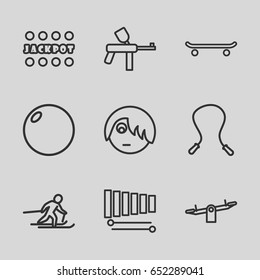 Fun icons set. set of 9 fun outline icons such as swing, jackpot, xylophone, skiing, emo emot, bowling ball, skating, skipping rope