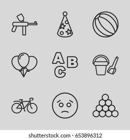 Fun icons set. set of 9 fun outline icons such as bucket toy for beach, bicycle, party hat, sad emot, abc, biliard triangle, paintball, beach ball