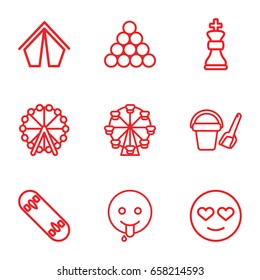 Fun icons set. set of 9 fun outline icons such as ferris wheel, bucket toy for beach, skate board, chess king, emot in love, emoji showing tongue, tent