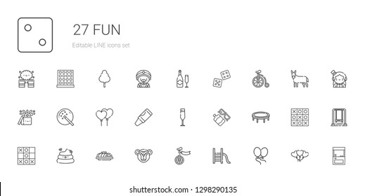 fun icons set. Collection of fun with balloons, slide, unicycle, monkey, cake, poop, tic tac toe, trampoline, sun lotion, champagne glass, crayon. Editable and scalable fun icons.