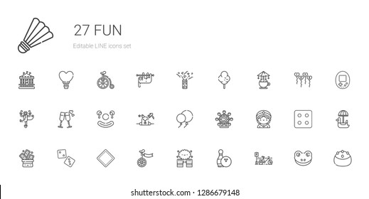 fun icons set. Collection of fun with bicycle, bowling, magic, unicycle, patch, dice, trick, seer, ferris wheel, balloons, phantom, clown, cheers. Editable and scalable fun icons.