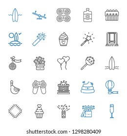 fun icons set. Collection of fun with champagne glass, magic, confetti, cupcake, patch, hot air balloon, poop, carousel, gamepad, duck, surfboard. Editable and scalable fun icons.