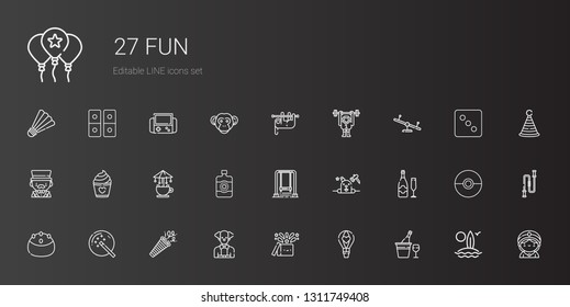 fun icons set. Collection of fun with champagne, hot air balloon, magic, clown, confetti, magic wand, cake, phantom, swing, sun lotion, carousel. Editable and scalable fun icons.