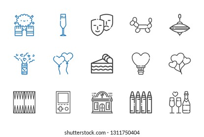 Fun Icons Set. Collection Of Fun With Champagne, Crayon, Night Club, Console, Backgammon, Balloons, Hot Air Balloon, Piece Of Cake, Ballons, Confetti. Editable And Scalable Fun Icons.