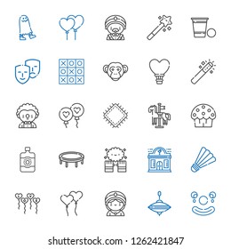 fun icons set. Collection of fun with clown, whirligig, seer, ballons, balloons, badminton, night club, magic, trampoline, sun lotion, cup cake. Editable and scalable fun icons.