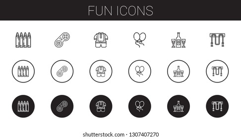 fun icons set. Collection of fun with crayon, gamepad, kid, balloons, champagne, jumping rope. Editable and scalable fun icons.