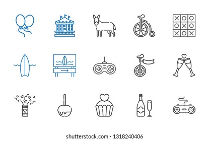 fun icons set. Collection of fun with gamepad, champagne, cupcake, caramelized apple, confetti, toast, unicycle, surfboard, tic tac toe, bicycle. Editable and scalable fun icons.