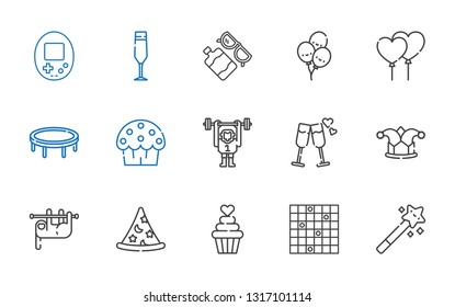 fun icons set. Collection of fun with magic wand, tic tac toe, cupcake, wizard, sloth, joker, cheers, monkey, cup cake, trampoline, balloons. Editable and scalable fun icons.