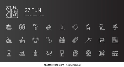 fun icons set. Collection of fun with magician, seer, console, balloon modelling, surfboard, sandbox, clown, magic wand, gamepad, dice, frog. Editable and scalable fun icons.