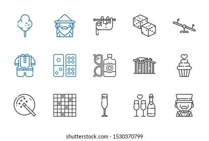 fun icons set. Collection of fun with magician, champagne, champagne glass, tic tac toe, magic wand, cupcake, roller coaster, sun lotion, domino. Editable and scalable fun icons.