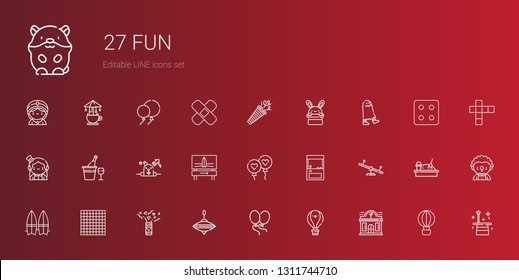 fun icons set. Collection of fun with night club, hot air balloon, balloons, whirligig, confetti, tic tac toe, surfboard, swing, arcade, balloon. Editable and scalable fun icons.