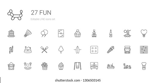 fun icons set. Collection of fun with sandbox, surfboard, swing, cake, trick, clown, wizard, confetti, dice, cotton candy, paddles, poop, jumping rope. Editable and scalable fun icons.