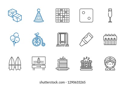 fun icons set. Collection of fun with seer, carousel, cake slice, surfboard, cake, crayon, swing, bicycle, balloons, champagne glass, dice, tic tac toe. Editable and scalable fun icons.