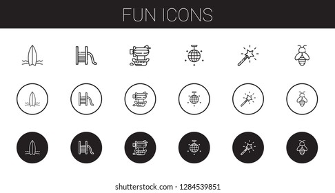 fun icons set. Collection of fun with surfboard, slide, airship, mirror ball, magic wand, bee. Editable and scalable fun icons.