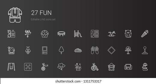 fun icons set. Collection of fun with wizard, bicycle, magician, balloons, unicycle, dice, swing, patch, gamepad, cake, cotton candy, console. Editable and scalable fun icons.