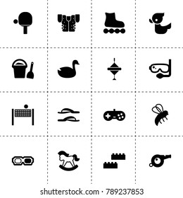 Fun icons. vector collection filled fun icons. includes symbols such as duck, bee, 3d glasses, joystick, building blocks, diving mask. use for web, mobile and ui design.