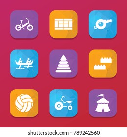 Fun icons. vector collection filled fun icons set.. includes symbols such as circus, building blocks, pyramid toy, tricycle, tennis court. use for web, mobile and ui design.