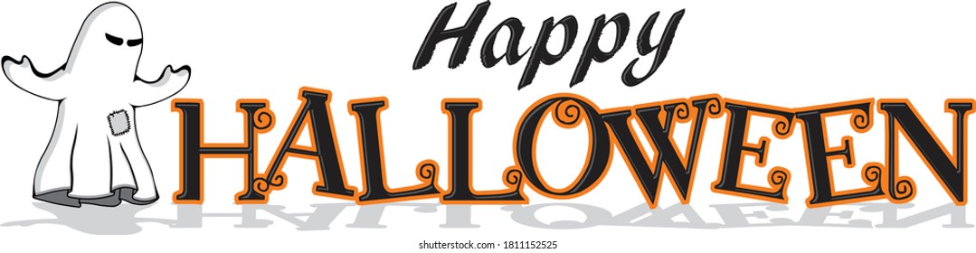 Fun illustrated graphic, Happy Halloween with floating ghost in black white and orange with shadow. Illustrator 10 eps vector design.