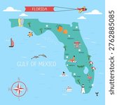 Fun illustrated map of Florida, featuring cities, animals, ships, people and many other icons. Cute travel print
