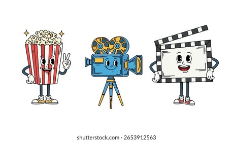 Ilustração divertida com personagens animados de cinema. Balde de pipoca, projetor de filme e cartaz de cinema em estilo retrô de desenho animado com expressões alegres.