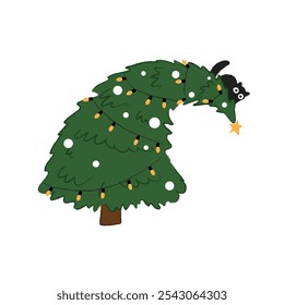 A fun illustration of a bended Christmas tree and a cute black cat sitting on top of it. Kitten playing with xmas ornaments. Isolated on white.