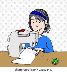 Fun illustration or card design of a woman sewing a heart onto fabric with a sewing machine