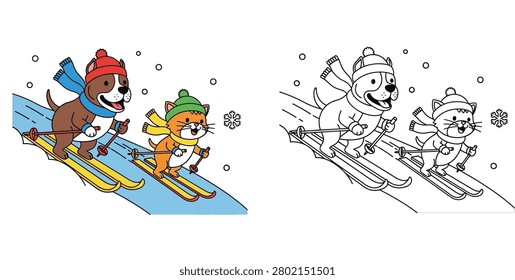 Fun illustration of a cartoon dog and cat skiing together in winter, including a colored version and a line art coloring page for kids