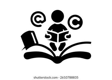 Fun illustration of a child sitting on a big copyright symbol with a book, symbolizing knowledge, creativity, and the significance of copyright laws on World Book and Copyright Day