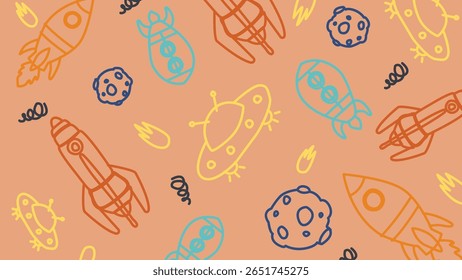 Fun illustration of colorful rockets, meteors, and planets scattered over a warm toned background. Great for kids projects and playful cosmic designs.
