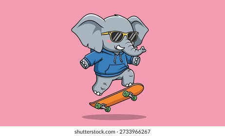 Una ilustración divertida de un personaje de elefante guay montando un monopatín, perfecto para diseños juguetones.
