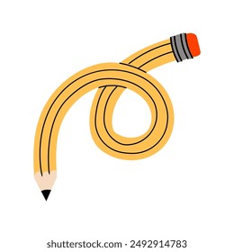 A fun illustration of a cute bended yellow pencil. Back to school icon. Office supplies.