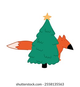 A fun illustration of a cute res fox hiding behind a Christmas tree. Adorable forest animal.