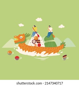 A fun illustration of the Dragon Boat Festival with a dragon boat made from zongzi and traditional food