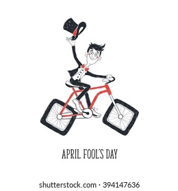 Fun illustration of guy in suit on bicycle. Comic concept of bicycle with square wheels.  Cartoon bicyclist in sketch stile isolated on white background. Hand drawn greeting card for April Fool Day.