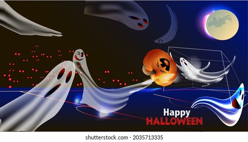 Fun illustration for Halloween . Ghosts playing soccer

