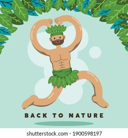 Fun illustration of happy man jumping wearing leaves clothing for back to nature design 