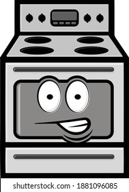 Fun illustration of kitchen stove, oven appliance cartoon character with face. Illustrator eps vector graphic design.