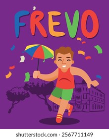 Fun illustration of a man dancing Frevo with a colorful umbrella, confetti, and historic buildings in the background. Celebrating Brazilian Carnival with vibrant energy and cultural heritage.