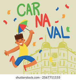 Fun illustration of a man dancing Frevo with a colorful umbrella, confetti, and historic buildings in the background. Celebrating Brazilian Carnival with vibrant energy and cultural heritage.