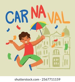 Fun illustration of a man dancing Frevo with a colorful umbrella, confetti, and historic buildings in the background. Celebrating Brazilian Carnival with vibrant energy and cultural heritage.