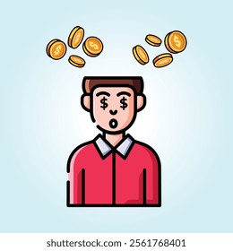 A fun illustration of a man with dollar signs in his eyes and coins floating around his head, suggesting obsession with money.
