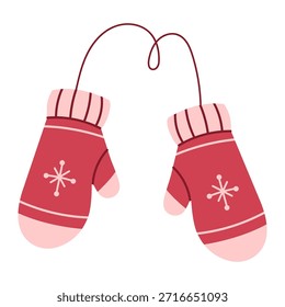 A fun illustration of a pair of red winter mittens on a string. Warm knitted gloves.