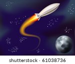 a fun illustration of a rocket flying in space with stars and planet in view