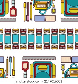 A fun illustration as seamless pattern design featuring school and office related attributes, such as backpack, pen, pencil and others. 